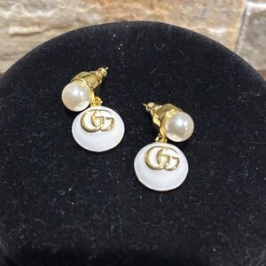 Gold and White GG Logo Pearl Earrings